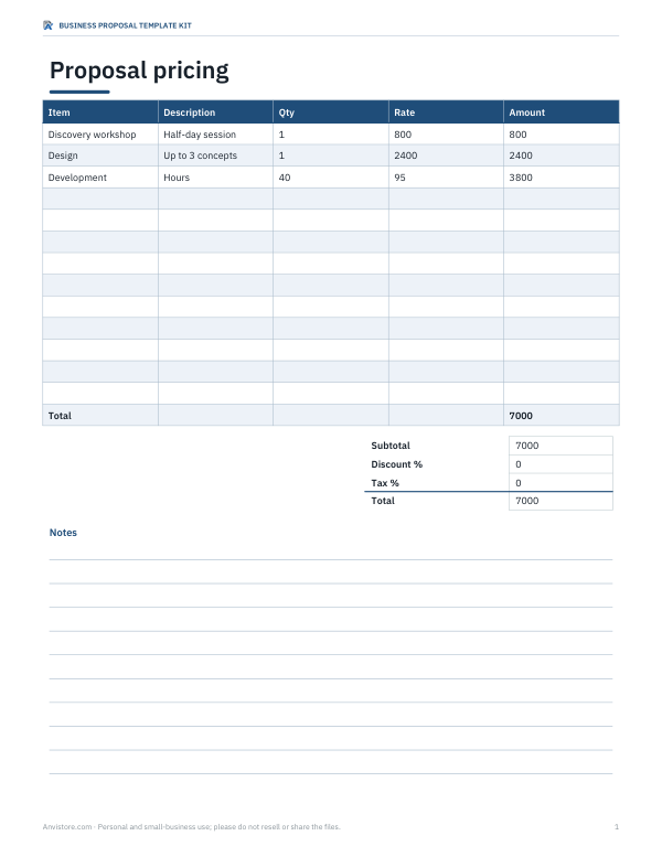Preview of Printable Proposal Pricing Workbook